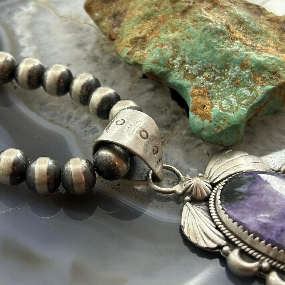Sterling Silver Southwestern Style Oval Charoite Decorated Pendant For Women - Picture 3 of 10